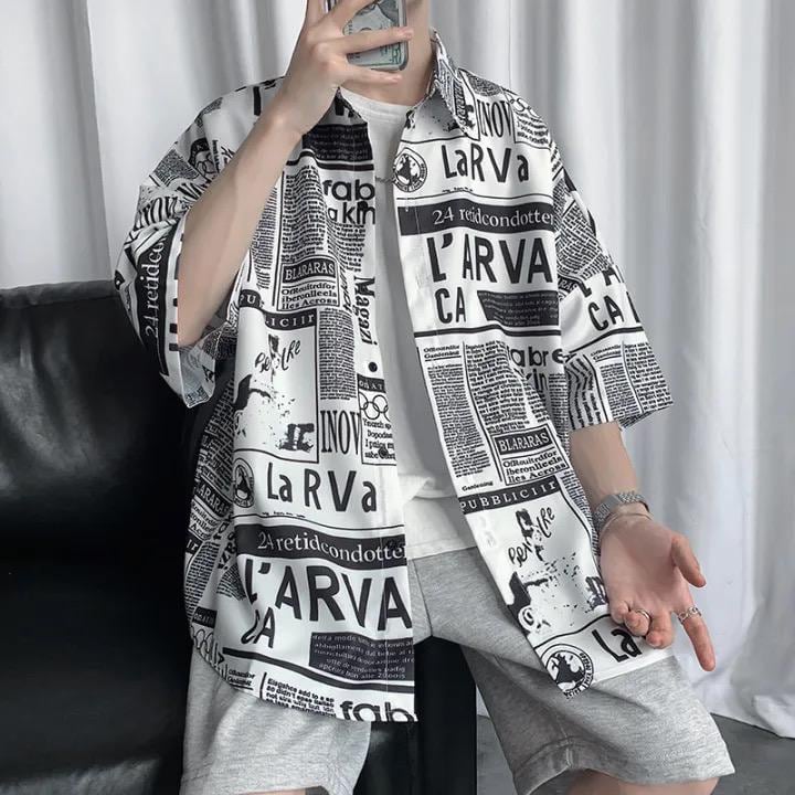 Oversized Newspaper Print Shirt: Korean Streetwear Button Down