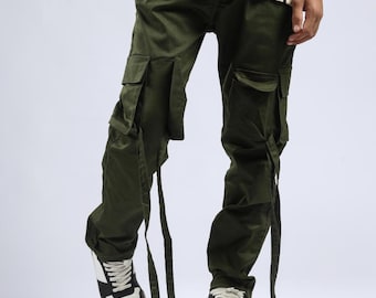 Men’s Green Cargo Pants with Pockets | Streetwear Utility Pants | Loose Fit Tactical Cargo Trousers | Y2K Style Men’s Baggy Pants