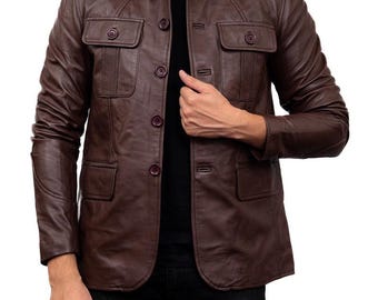 Men's Brown Genuine Leather Blazer: Handmade Classic Button-Up Coat