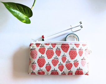 Strawberry Zipper Pouch: Cotton Wristlet Coin Purse with D-ring