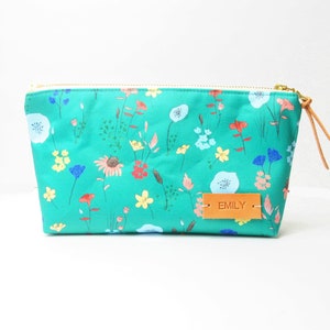 Zippered pouch flat bottom with name or initial tag, Make up bag, Stationary bag