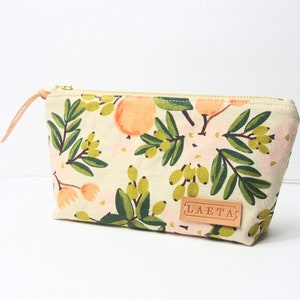 Zippered pouch flat bottom with name or initial tag, Make up bag, Stationary bag