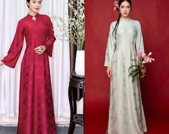 Pre-made Ao Dai Viet Nam,  traditional vietnamese ao dai, fitted brocade dress with flared sleeves, high neck for tet and new year, wedding.