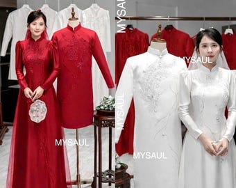 Pre-made Ao Dai Viet Nam, red white Bridal Groom Dress –Romantic Wedding Outfit for Bride & Groom Celebration, áo dài cưới đính kết thủ công