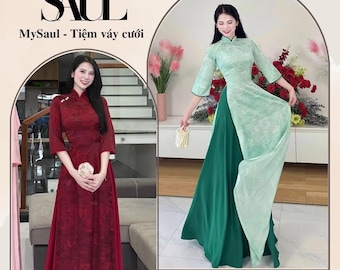 Ao Dai tradicional vietnamita em brocado – Ao Dai tradicional vietnamita – Brocado com padrão sutil, cintura ajustada e detalhe floral.