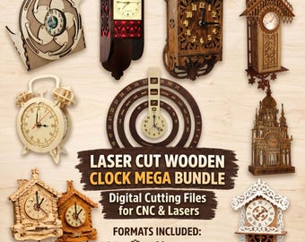 Laser Cut Wooden Clock Bundle - 10+ 3D Clock SVG DXF CNC Files, Mechanical Gear Wall Clock Plans for Glowforge, Laser Ready Vector Templates
