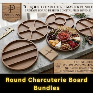 Round Charcuterie Board SVG Bundle | Laser Cut Snack Tray Files | Glowforge Serving Platter Template | CNC Wooden Cheese Board Digital File