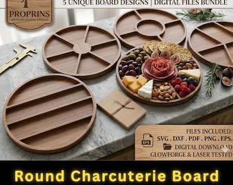 Round Charcuterie Board SVG Bundle | Laser Cut Snack Tray Files | Glowforge Serving Platter Template | CNC Wooden Cheese Board Digital File