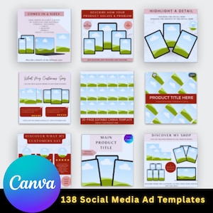 May include: A collection of nine social media ad templates with a light background. Each template features a mock-up of a phone or tablet with a landscape image. The Canva logo is visible, along with the text "138 Social Media Ad Templates."