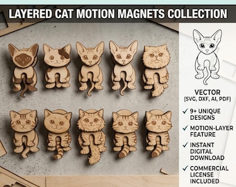 Motion Cat Magnet SVG Bundle, Laser Cut Files for Glowforge, Layered 3D Fridge Magnet Digital Download, Wood Cat Lover Gift Vector