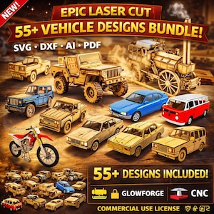 Puede incluir: Un conjunto de diseños de vehículos de madera cortados con láser, que incluyen coches, camiones y una motocicleta. La imagen presenta varios modelos en diferentes colores y estilos, con el texto "55+ VEHICLE DESIGNS BUNDLE!" y "SVG • DXF • AI • PDF".