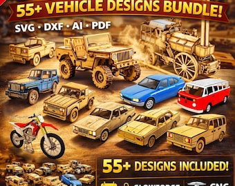 55+ Vehicle Laser Cut Bundle SVG DXF | 3D Wooden Car Puzzle Files | Glowforge CNC LightBurn | Cars Truck Jeep Bike Train Model