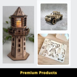 May include: Wooden lighthouse model with a light inside, a wooden toy jeep, and a wooden puzzle of a girl with clothing pieces. The text "Premium Products" is at the bottom of the image.