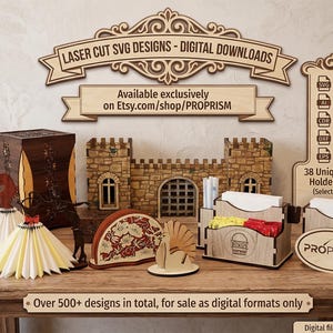 Può includere: Design in legno tagliati al laser, tra cui un castello, portatovaglioli e figure decorative. L'immagine mostra vari download digitali SVG, con il testo "LASER CUT SVG DESIGNS - DIGITAL DOWNLOADS" e "Available exclusively on Etsy.com/shop/PROPRISM."