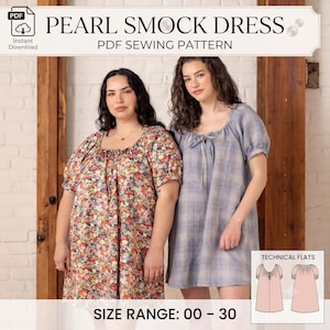 May include: A Pearl Smock Dress PDF sewing pattern featuring two variations: one with a vibrant multi-colored floral print and another with a blue and white plaid pattern. Both dresses have short puff sleeves, a scoop neckline with a tie, and a loose fit.