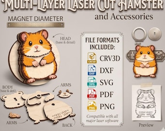 Interactive Swinging Hamster Magnet Laser Cut Files | Kinetic Animal cnc Pattern SVG DXF PDF CRV3D | Glowforge| Funny Desk Toy Laser Pattern
