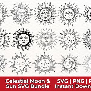 Celestial Sun and Moon SVG Bundle | Boho Sun Face Clipart | Mystical Moon PNG | Spiritual Sun Clipart | Astrology Sublimation Design