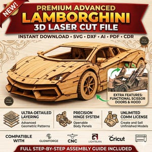 Op de afbeelding: Een houten Lamborghini 3D lasergesneden bestand, met ultra-gedetailleerde gelaagdheid en een precisie scharniersysteem voor openbare carrosseriepanelen. Inclusief functionele schaardeuren en motorkap. Compatibel met Glowforge, CNC, Lightburn en Cricut.