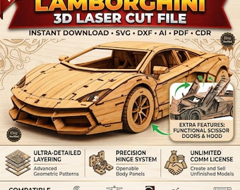 Lamborghini 3D Laser Cut File SVG DXF | Wooden Supercar Puzzle with Opening Doors & Hood | CNC Model Car Plans | Glowforge Digital Download