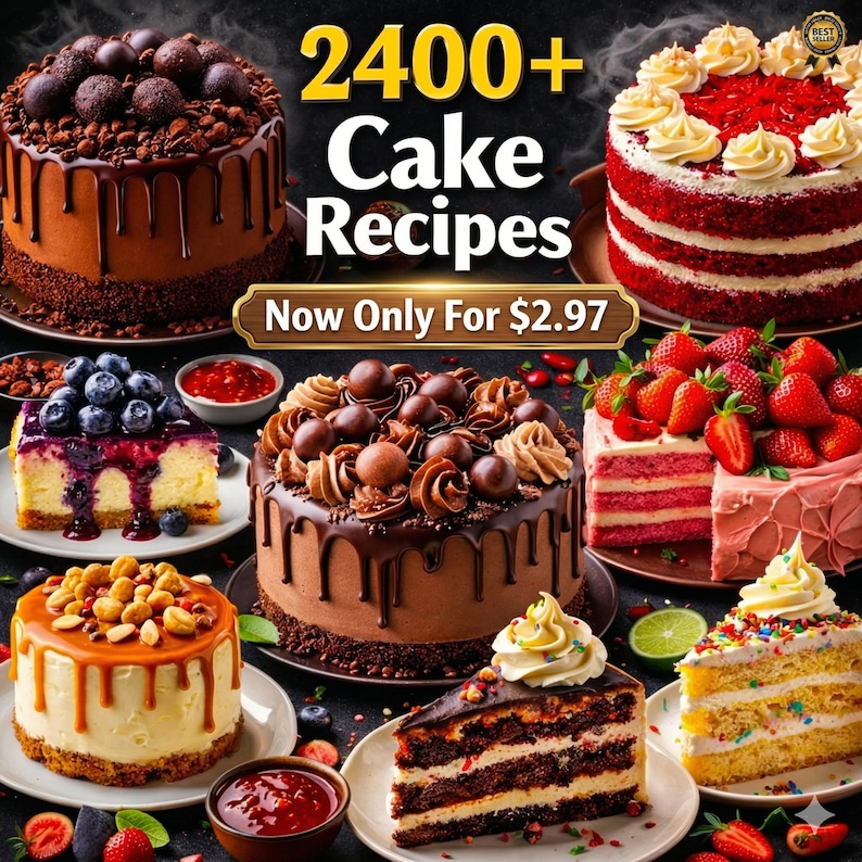 May include: An assortment of cakes, including chocolate, red velvet, and fruit-topped varieties. The image features a variety of cake recipes, with the text "2400+ Cake Recipes" in the upper center. The cakes are on plates with sauces and garnishes.