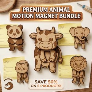 May include: A collection of wooden animal magnets, including a panda, cow, elephant, cat, and lion. The magnets are light brown with detailed cutouts. Text on the image reads "PREMIUM ANIMAL MOTION MAGNET BUNDLE" and "SAVE 50% ON 5 PRODUCTS!"