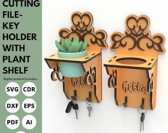 Laser Cut Key Holder with Plant Shelf SVG | Entryway Organizer Digital File | Glowforge Svg Files | Wall Key Rack Planter DXF | CNC Vector