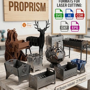 May include: A collection of laser-cut metal projects, including animal sculptures and fire pits, displayed on a wooden workbench. The image includes the text "PROPRISM" and "AVAILABLE FILE FORMATS FOR LASER CUTTING".