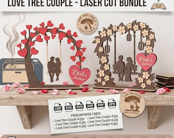Love Tree Couple Laser Bundle SVG, Romantic Tree Cut File, Wedding Laser Engraving Design, CNC DXF Glowforge Files