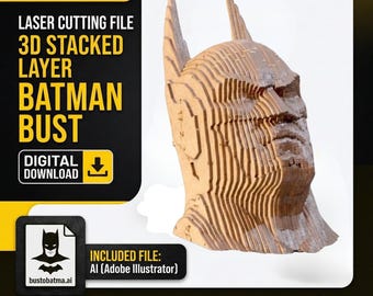 Batman 3D Stacked Layer Wood Bust | Laser Cut File for Glowforge | Superhero Wall Art Digital Download | AI PDF Vector | Layered Wood Art