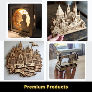May include: A collection of intricately carved wooden art pieces. Includes a lighted shadow box with a silhouette, a detailed castle model, a Harry Potter themed wall hanging, and a miniature sewing machine.