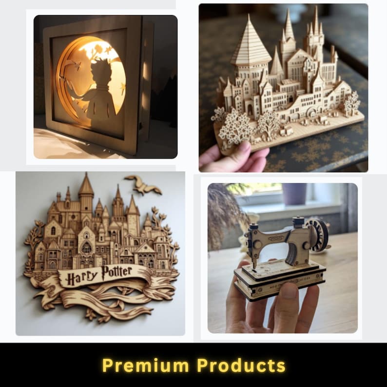 May include: A collection of intricately carved wooden art pieces. Includes a lighted shadow box with a silhouette, a detailed castle model, a Harry Potter themed wall hanging, and a miniature sewing machine.