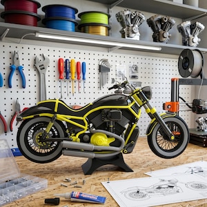 May include: A black and yellow motorcycle model with white-walled tires sits on a workbench. The model has a yellow frame and accents. Tools and 3D printing filament are visible in the background, along with a blueprint of the motorcycle.