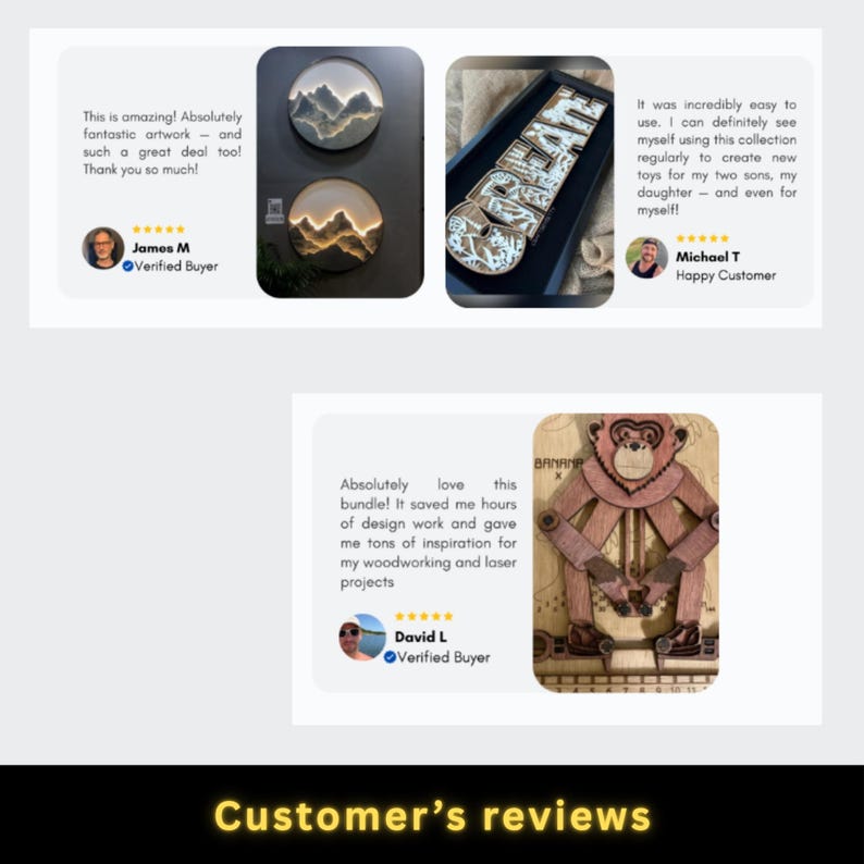May include: Customer reviews featuring three different wood art pieces. One piece is a wooden sign that spells out the word "GREAT". Another piece is a wooden monkey. The third piece is two circular wall art pieces with mountain designs.