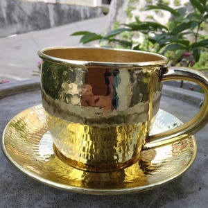 Brass Mug and Saucer Set, Handmade Hammered Tea Cup 250ml, Antique Look Metal Drinkware, Rustic Coffee Cup