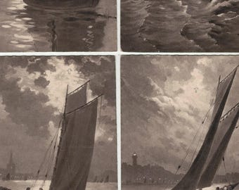 UNUSED 1910s Lot of 4 SAILBOATS Under a Glowing MOON Nighttime Monochrome Postcards