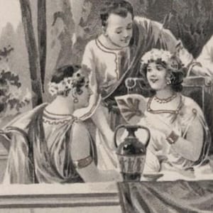 Postal mitológica de la época del Art Nouveau antigua de una fiesta en un jardín griego anterior a 1905, SIN USAR