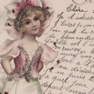 1900 Pretty Little Girl in Flowery Dress with Original Glitter Antique GREETINGS Postcard