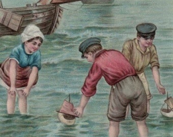 Early 1900s Liebig Co. Antique Advertising Chromo Little Children Playing with Toy Boats in Sea