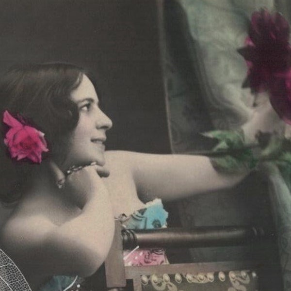 UNUSED C 1907 Pretty Lady Contemplating the Beauty of a Red Flower Antique Gerlach Photo Postcard