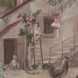 Carte postale ancienne de photomontage française « THE BABY FARM » des années 1910
