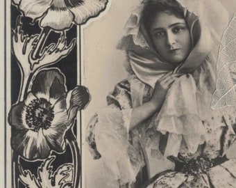Unbenutzte hübsche Schauspielerin aus der Zeit vor 1905 mit Mohnblumen, Jugendstil-Ära, antike Postkarte