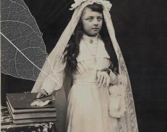 UNUSED 1910s Little Communion Girl in WHITE Dress with Embroidered Long VEIL Antique Private Issue Postcard