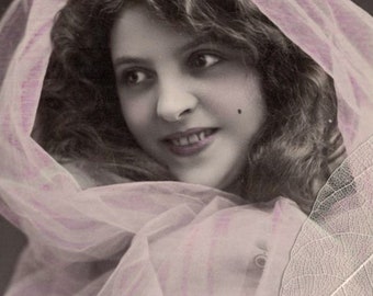 C 1906 ELLEN BAXONE (1881-1964) French Actress Draped in PINK Veil Antique Postcard