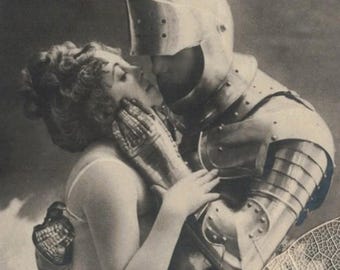 Pre 1905 Young Woman Kisses Her KNIGHT in Shining ARMOR