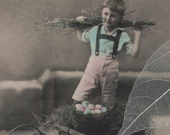 1913 Edwardian Boy with Colored EASTER EGGS and SHEEP Antique Postcard