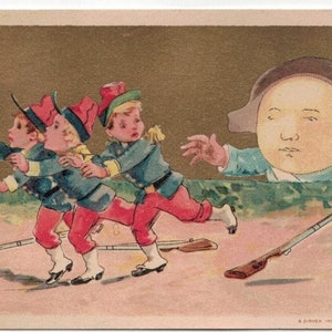 C 1880 Kleine jongenssoldaten trekken zich terug in angst Antieke Franse Chromo Small Trading Card