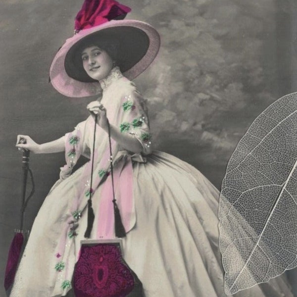 Dame élégante inutilisée dans la nouvelle mode française vêtements w/parasol de sac à main assorti et ruban de chapeau carte postale ancienne