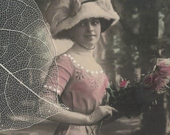1912 Elegant Young Woman in Awkward Pink Gown SURFACE SILVERING