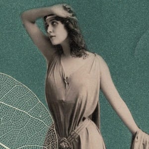 May include: A vintage postcard featuring a sepia-toned photograph of a person in a draped, floor-length gown with a central decorative belt, set against a teal background. A white, translucent leaf skeleton overlay is visible on the left side. The text "CAVALIERI" is printed at the bottom.