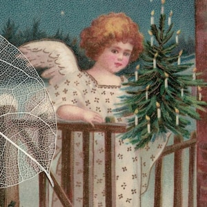May include: A vintage postcard illustration featuring an angel with curly hair and wings, wearing a white patterned gown, holding a small green Christmas tree with lit candles. The scene includes a wooden fence, snow, and the text Heureux Noël.